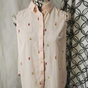 NEW Workshop Sleeveless Pink Collared Top with Drink Print - Small